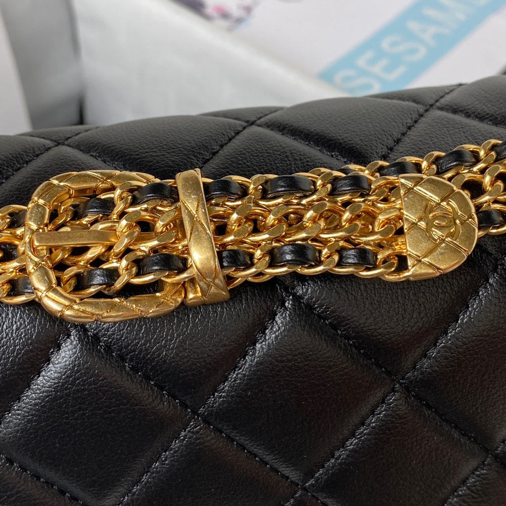Chanel AS3984 Tote Mini Flap Bag Black Lambskin Gold-tone metal