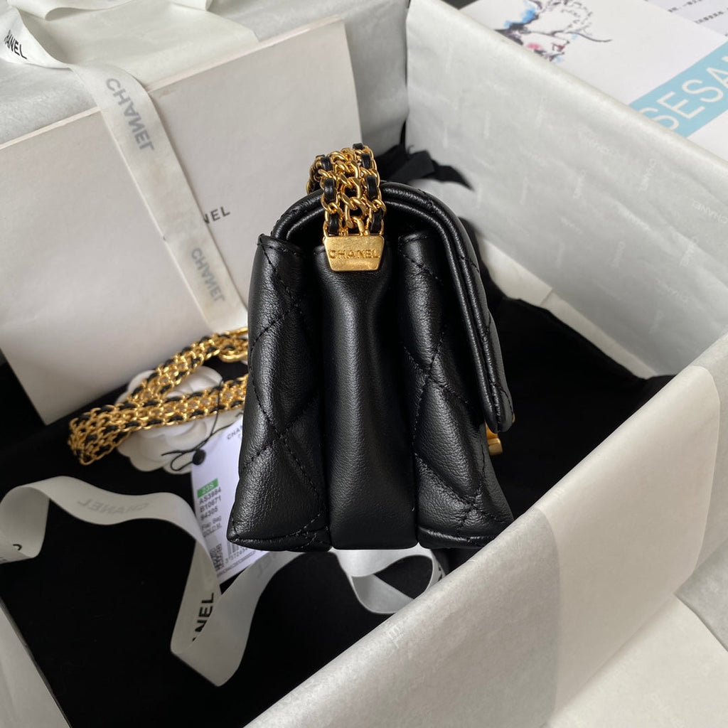 Chanel AS3984 Tote Mini Flap Bag Black Lambskin Gold-tone metal