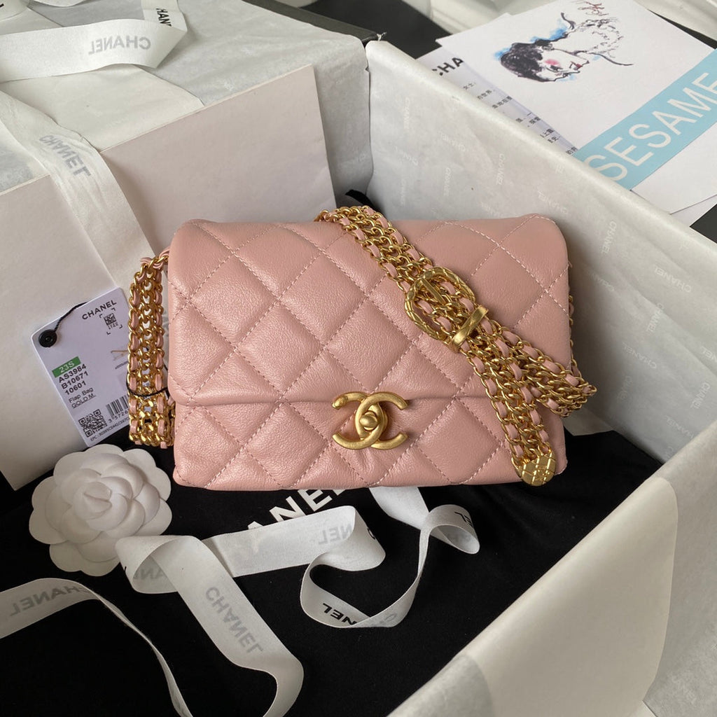 Chanel AS3984 Tote Mini Flap Bag Pink Lambskin Gold-tone metal