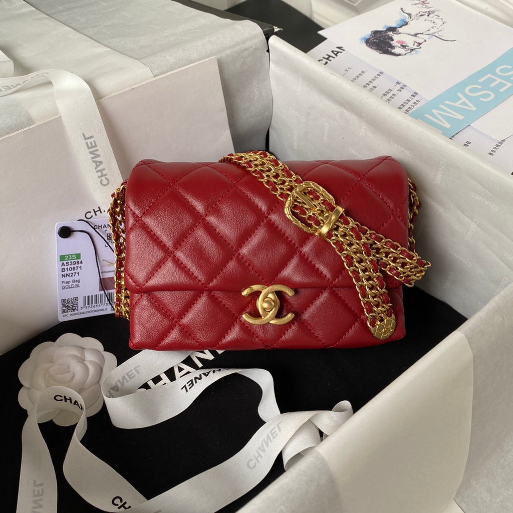Chanel AS3984 Tote Mini Flap Bag Red Lambskin Gold-tone metal