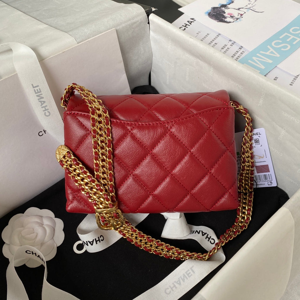 Chanel AS3984 Tote Mini Flap Bag Red Lambskin Gold-tone metal