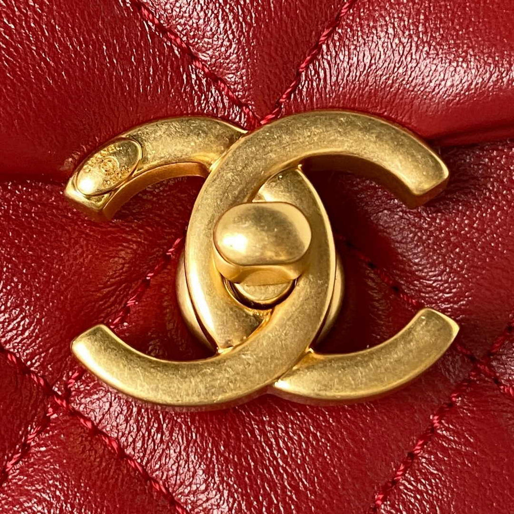 Chanel AS3984 Tote Mini Flap Bag Red Lambskin Gold-tone metal