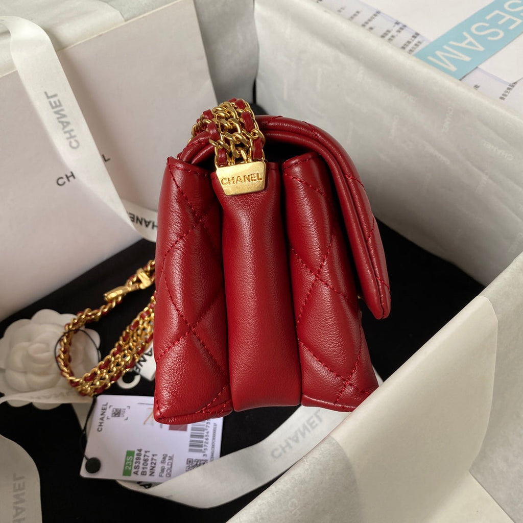 Chanel AS3984 Tote Mini Flap Bag Red Lambskin Gold-tone metal