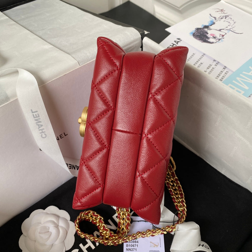 Chanel AS3984 Tote Mini Flap Bag Red Lambskin Gold-tone metal