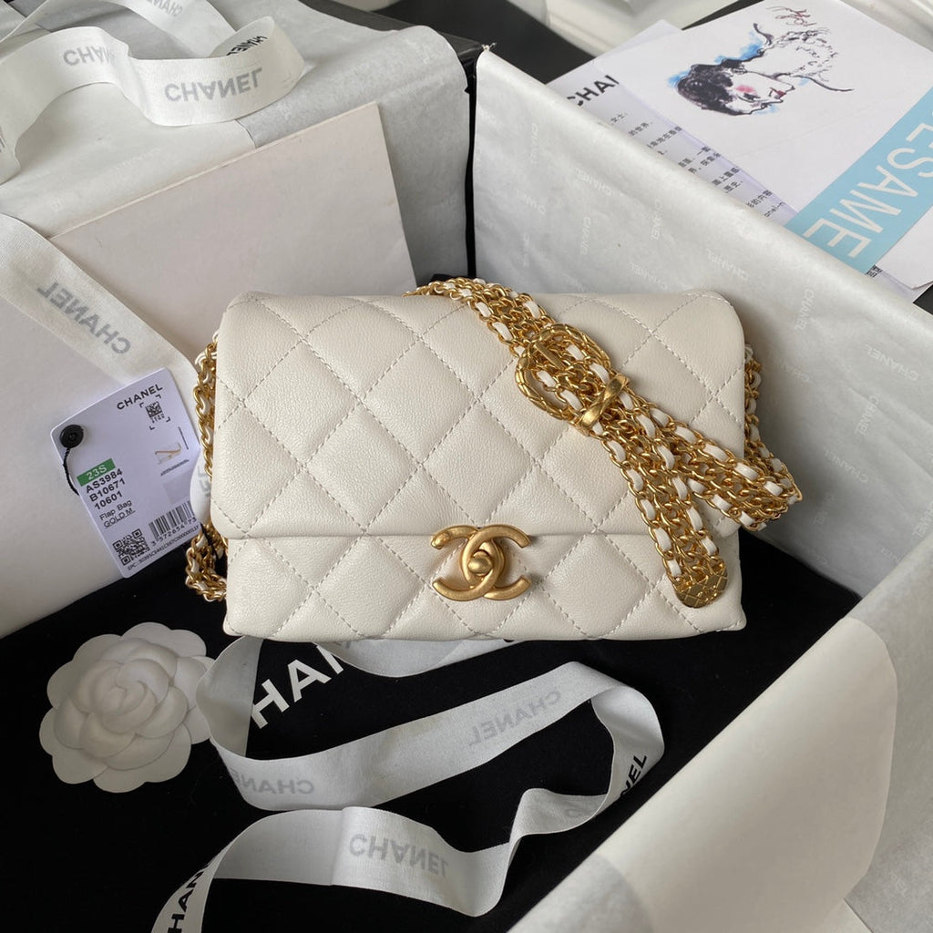 Chanel AS3984 Tote Mini Flap Bag Beige Lambskin Gold-tone metal