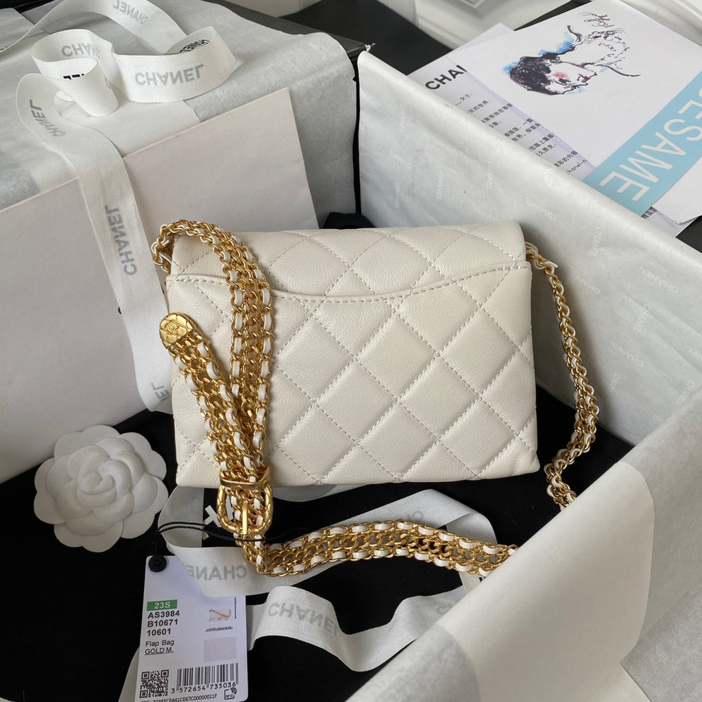 Chanel AS3984 Tote Mini Flap Bag Beige Lambskin Gold-tone metal