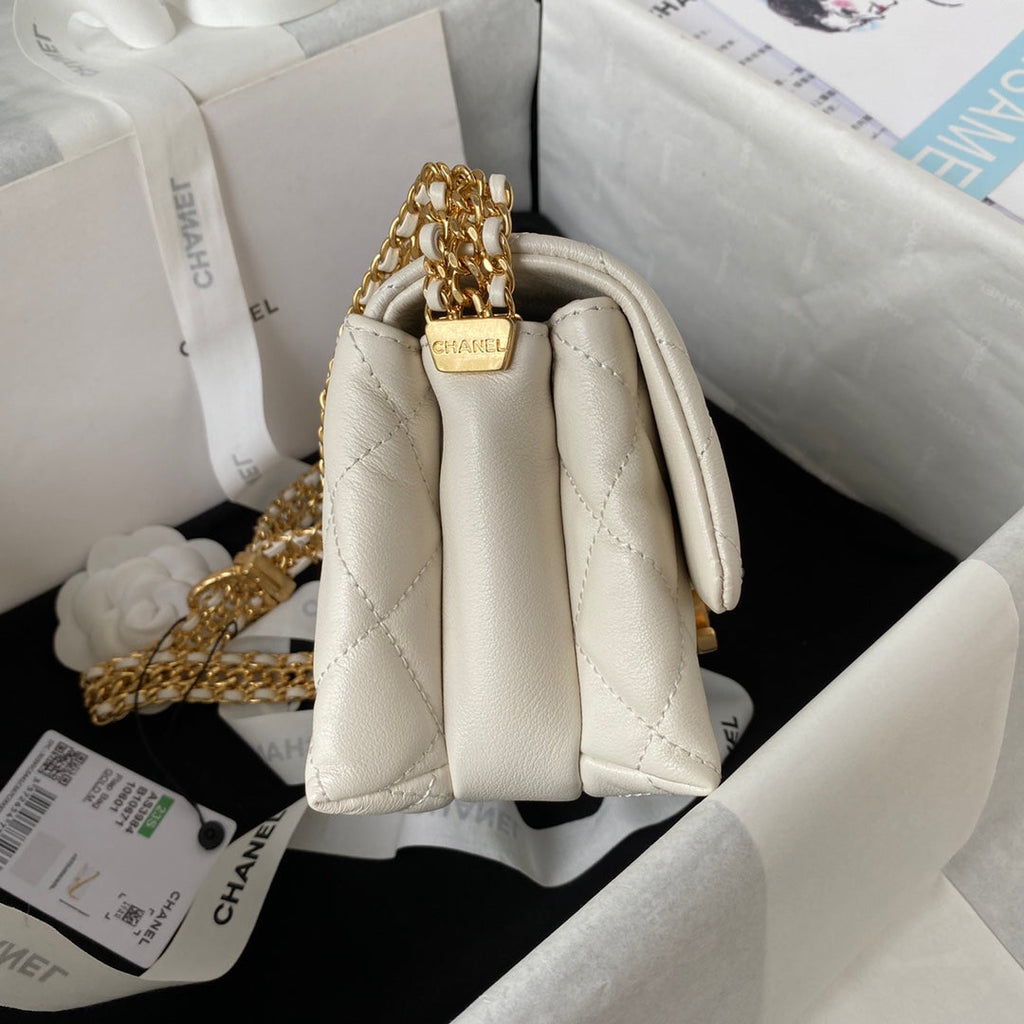 Chanel AS3984 Tote Mini Flap Bag Beige Lambskin Gold-tone metal