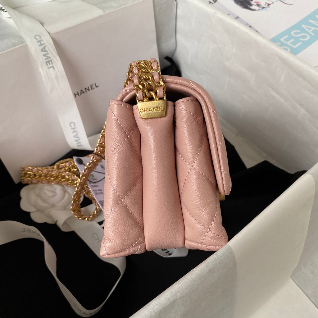 Chanel AS3984 Tote Mini Flap Bag Pink Lambskin Gold-tone metal