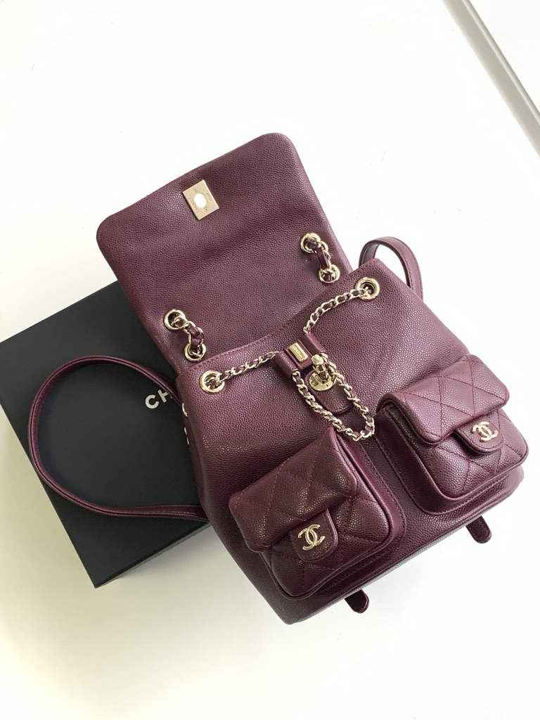 Chanel backpack Grained shiny calfskin AS3860 gold wine red