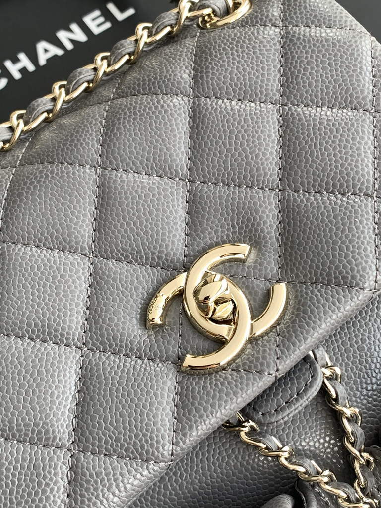 Chanel backpack Grained shiny calfskin AS3860 gold gray