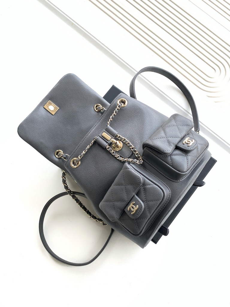 Chanel backpack Grained shiny calfskin AS3860 gold gray