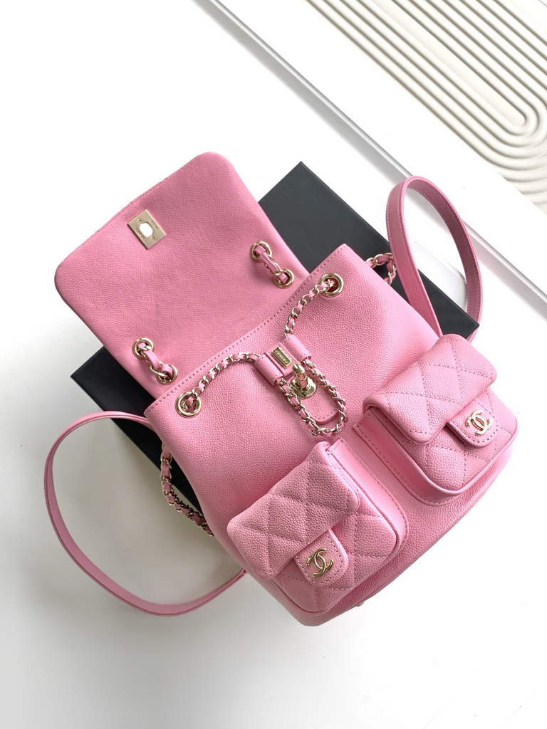 Chanel AS3860 backpack Grained shiny calfskin gold pink