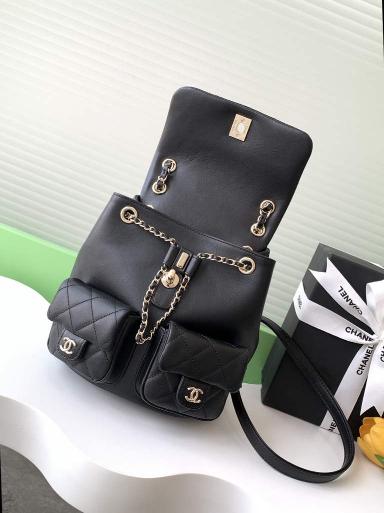 Chanel AS3860 backpack Lambskin gold Black