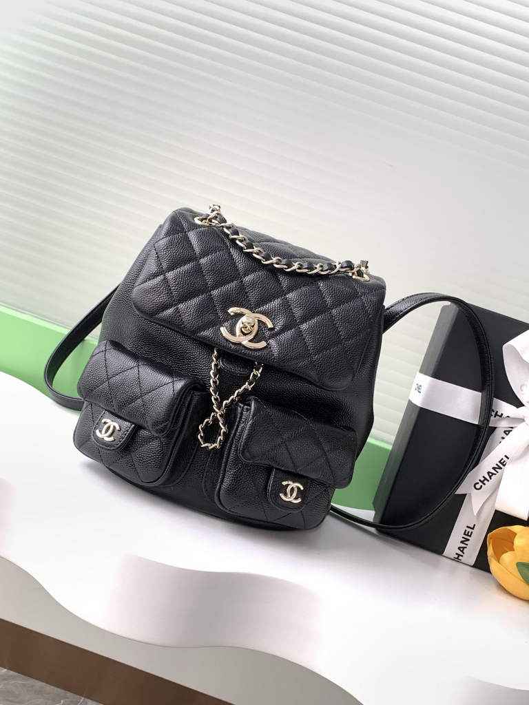 Chanel AS3860 backpack Grained shiny calfskin gold Black