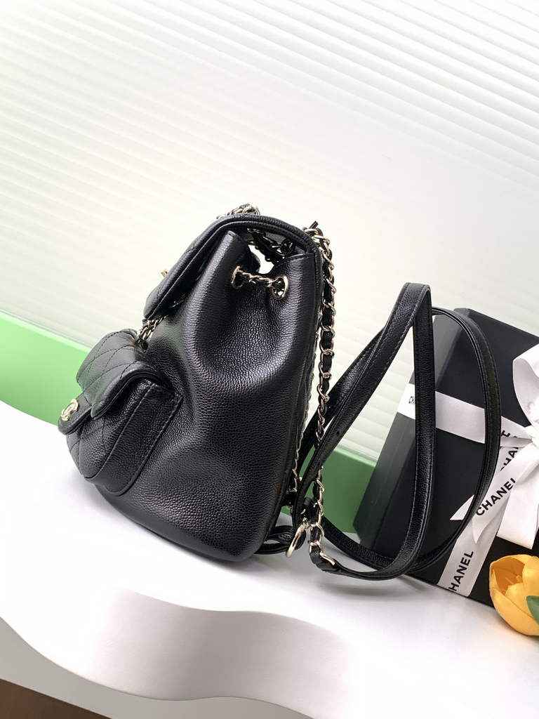 Chanel AS3860 backpack Grained shiny calfskin gold Black