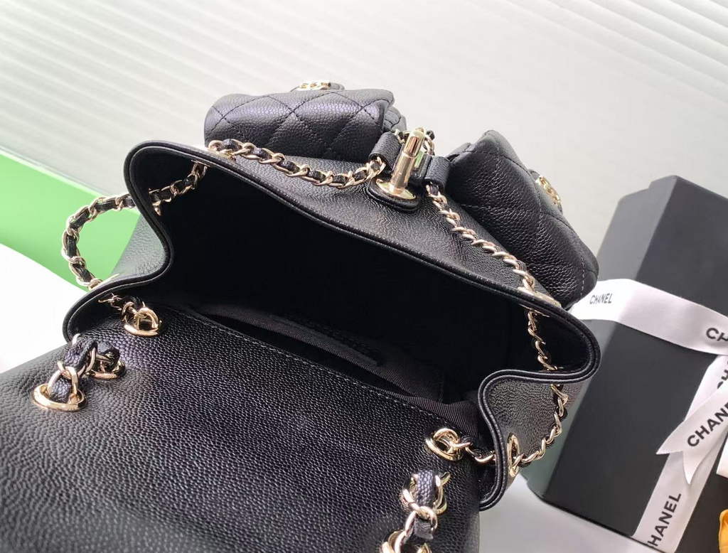 Chanel AS3860 backpack Grained shiny calfskin gold Black