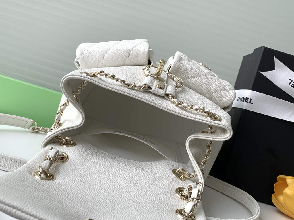 Chanel AS3860 backpack Grained shiny calfskin gold white