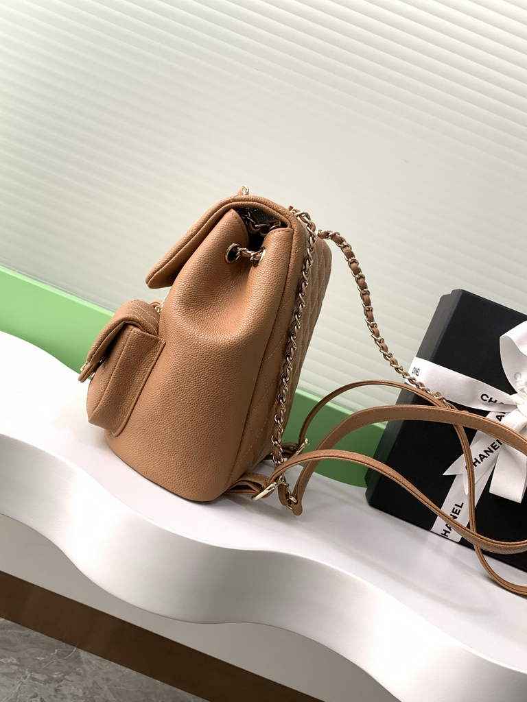 Chanel AS3860 backpack Grained shiny calfskin gold brown