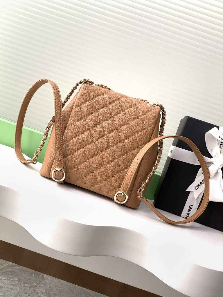 Chanel AS3860 backpack Grained shiny calfskin gold brown