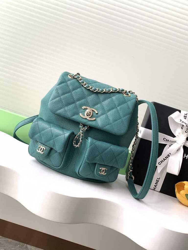 Chanel AS3860 backpack Grained shiny calfskin gold green
