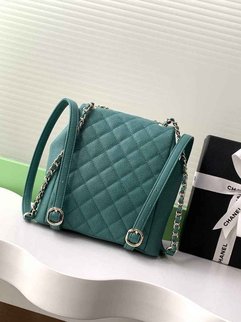 Chanel AS3860 backpack Grained shiny calfskin gold green