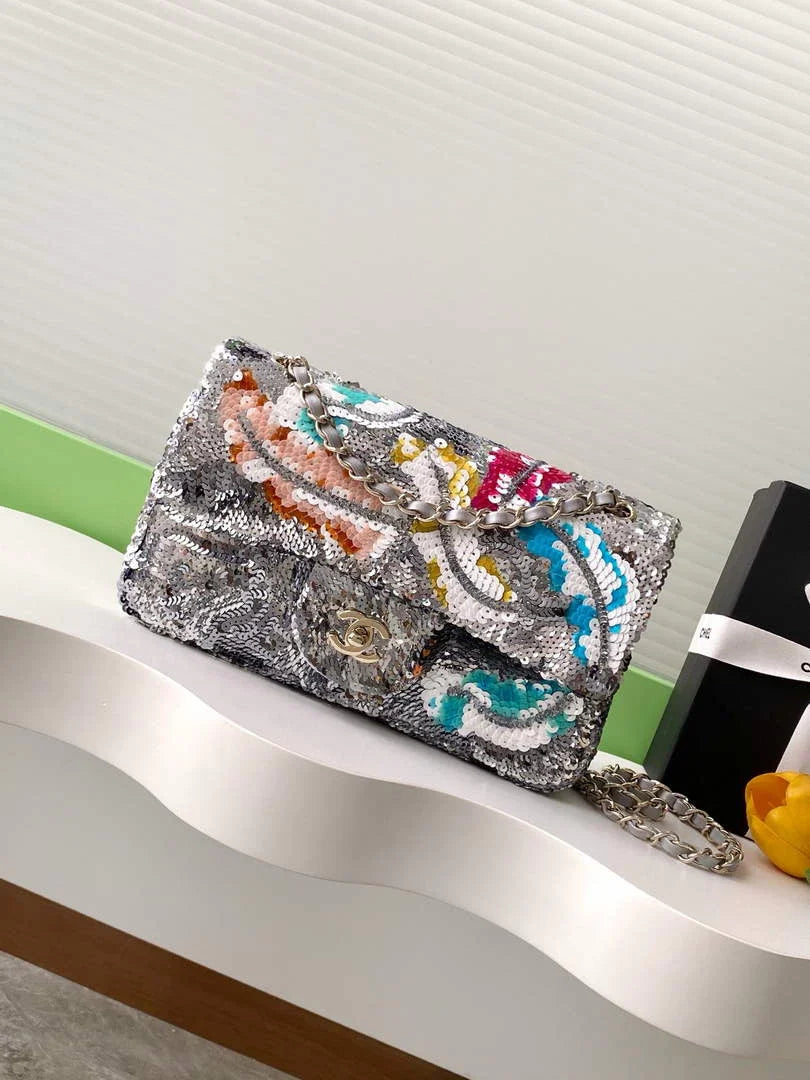 Chanel Classic Handbag, A01112 Sequins, Glass Pearls & Silver
