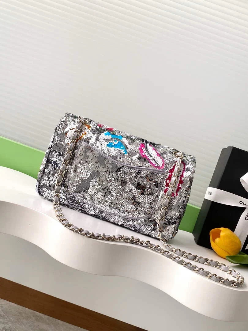Chanel Classic Handbag, A01112 Sequins, Glass Pearls & Silver
