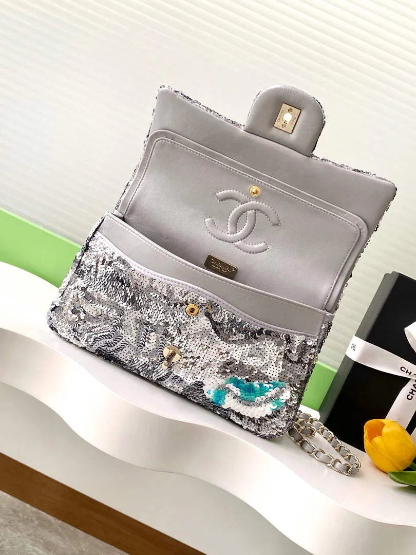 Chanel Classic Handbag, A01112 Sequins, Glass Pearls & Silver