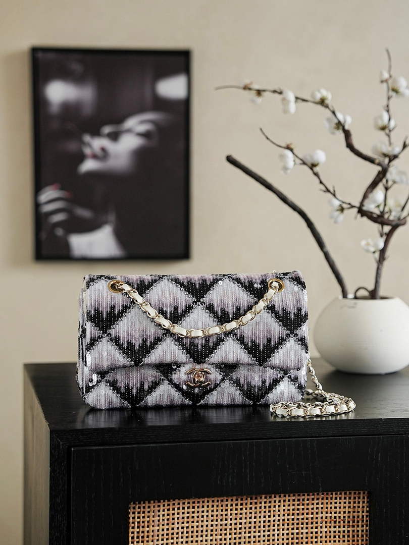 Chanel Classic Handbag, A01112 Sequins, Black and White