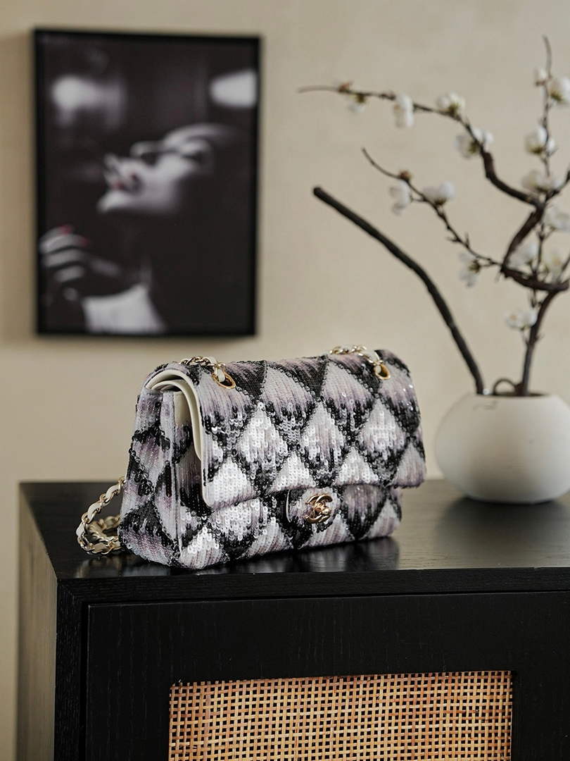Chanel Classic Handbag, A01112 Sequins, Black and White