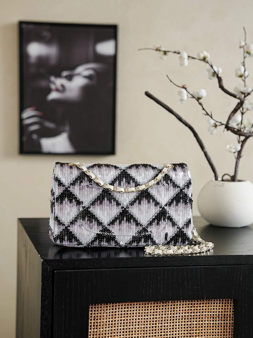Chanel Classic Handbag, A01112 Sequins, Black and White