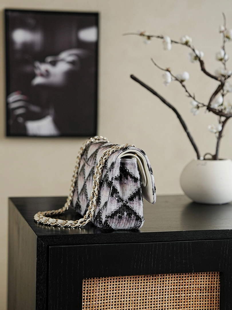 Chanel Classic Handbag, A01112 Sequins, Black and White