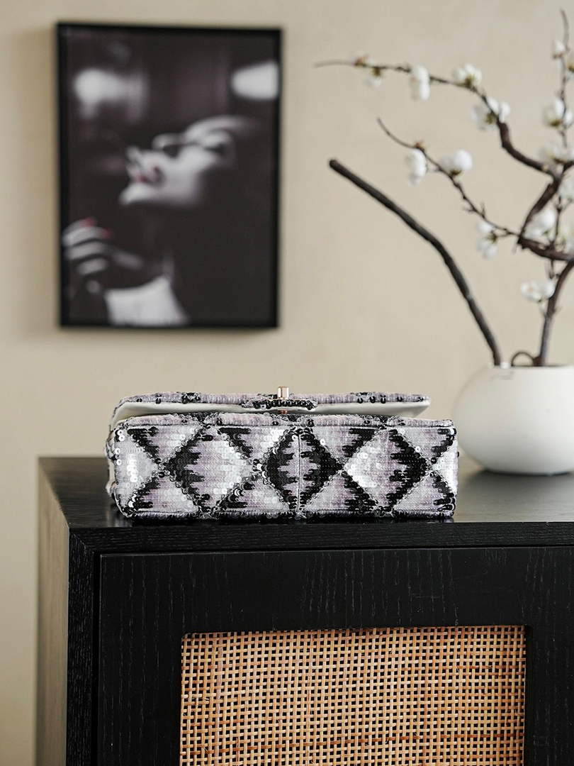 Chanel Classic Handbag, A01112 Sequins, Black and White