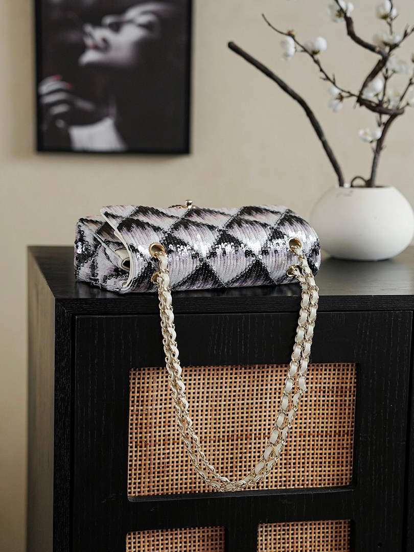 Chanel Classic Handbag, A01112 Sequins, Black and White