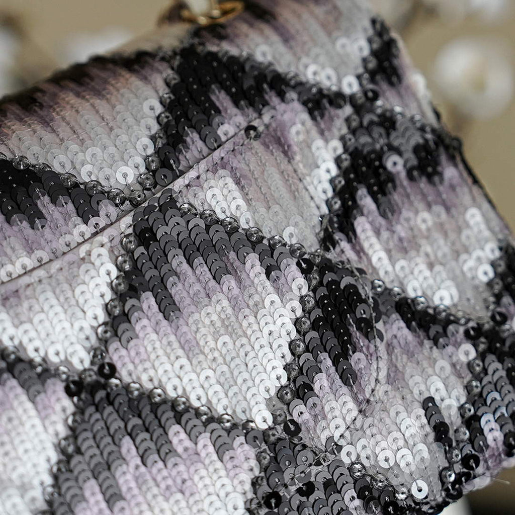 Chanel Classic Handbag, A01112 Sequins, Black and White