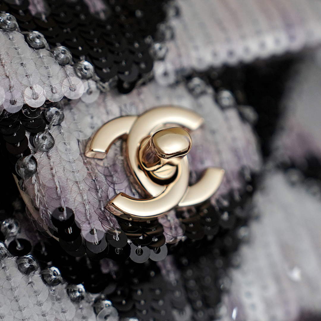 Chanel Classic Handbag, A01112 Sequins, Black and White