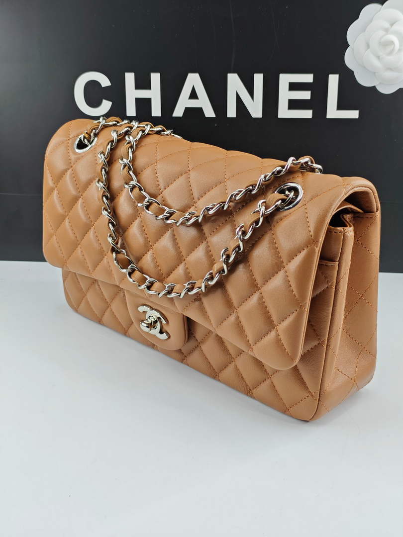 Chanel Classic Handbag, A01112 Brown Lambskin Silver