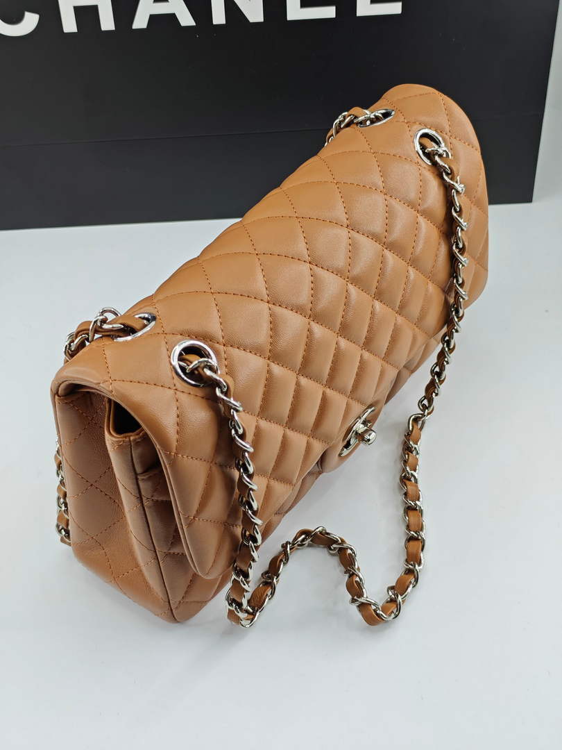 Chanel Classic Handbag, A01112 Brown Lambskin Silver