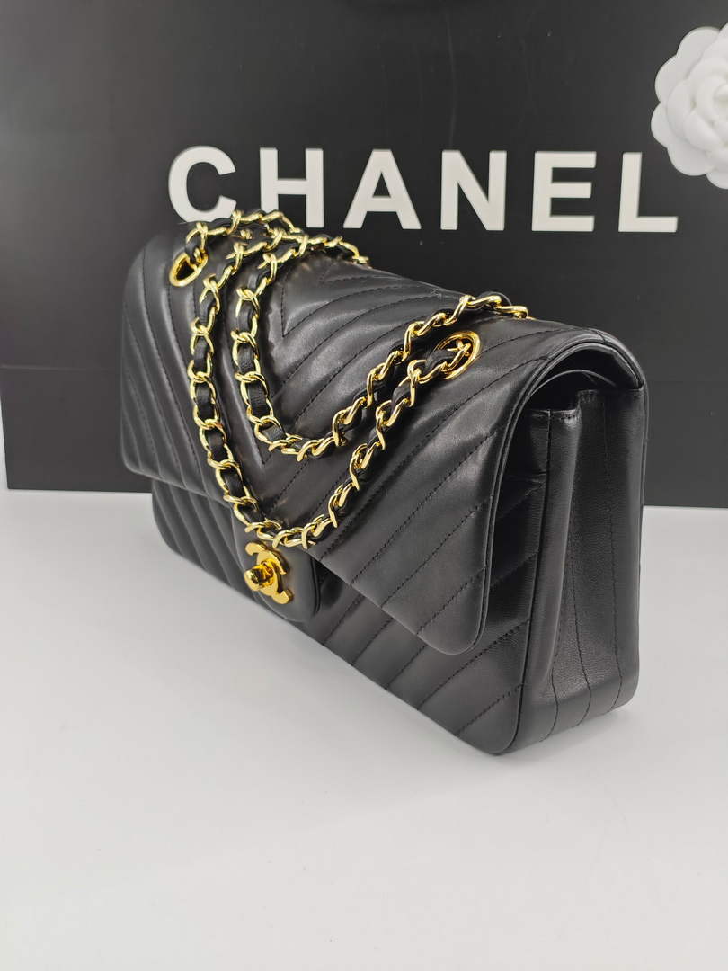 Chanel Classic Handbag, A01112 Black V Lambskin Gold