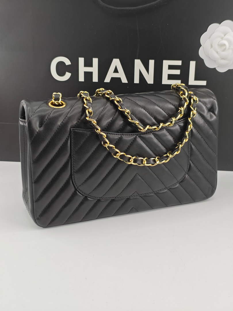 Chanel Classic Handbag, A01112 Black V Lambskin Gold