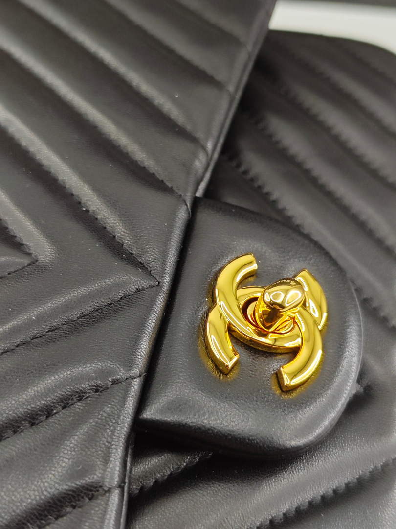 Chanel Classic Handbag, A01112 Black V Lambskin Gold