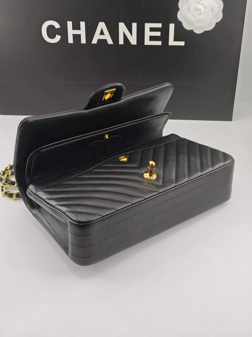 Chanel Classic Handbag, A01112 Black V Lambskin Gold