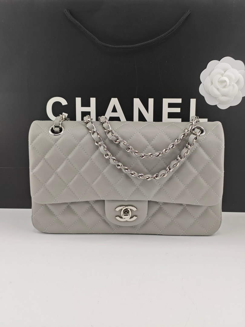 Chanel Classic Handbag, A01112 Light Gray Lambskin Silver