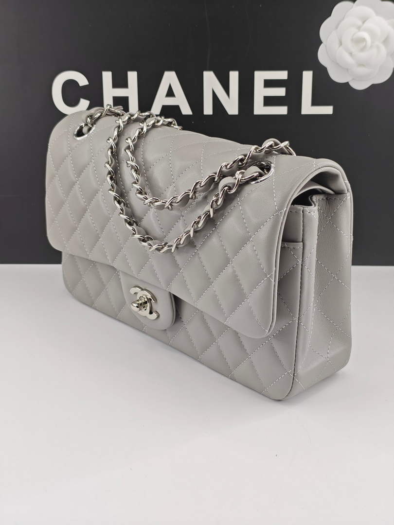 Chanel Classic Handbag, A01112 Light Gray Lambskin Silver