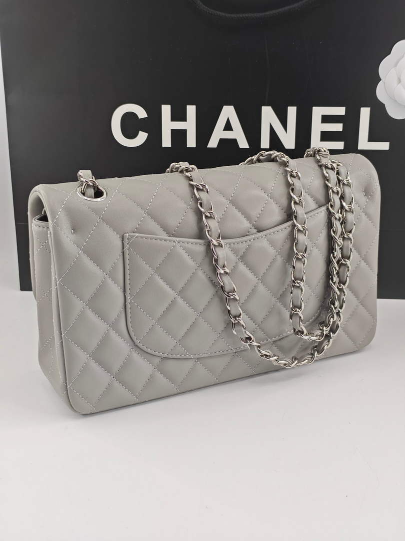 Chanel Classic Handbag, A01112 Light Gray Lambskin Silver