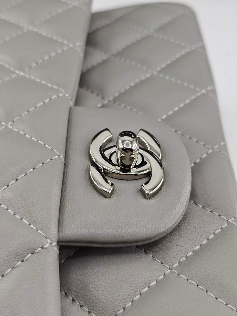 Chanel Classic Handbag, A01112 Light Gray Lambskin Silver