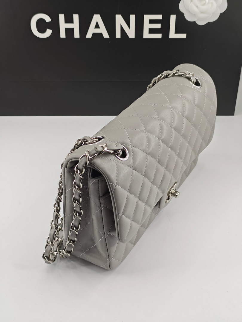 Chanel Classic Handbag, A01112 Light Gray Lambskin Silver