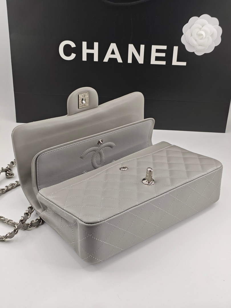 Chanel Classic Handbag, A01112 Light Gray Lambskin Silver