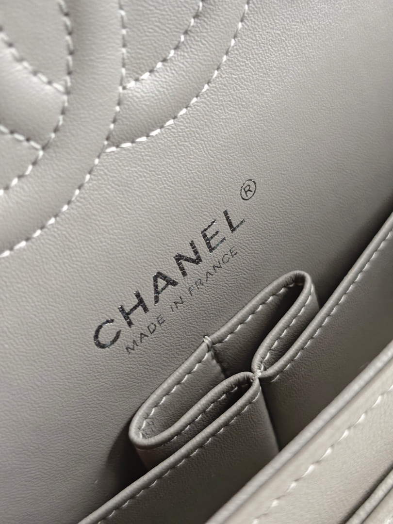 Chanel Classic Handbag, A01112 Light Gray Lambskin Silver