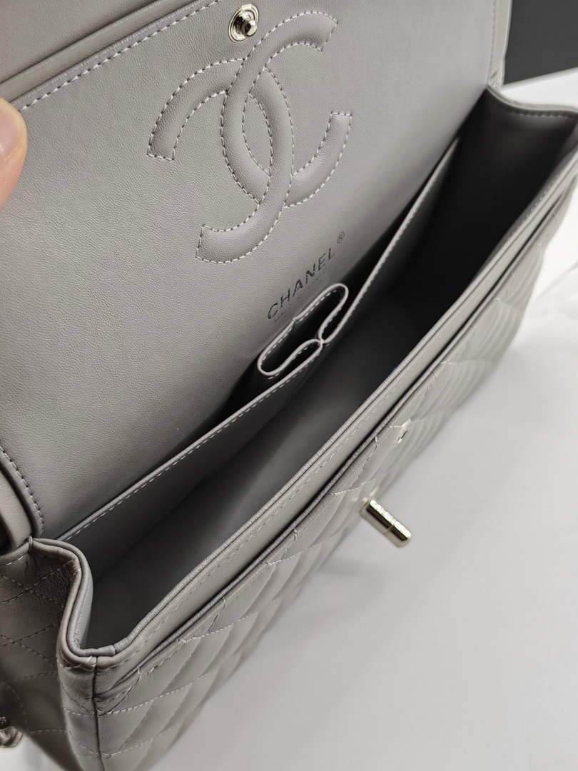 Chanel Classic Handbag, A01112 Light Gray Lambskin Silver